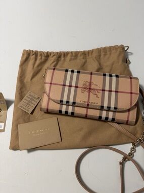 Burberry Tan Vintage Check Crossbody Wallet with Chain Strap